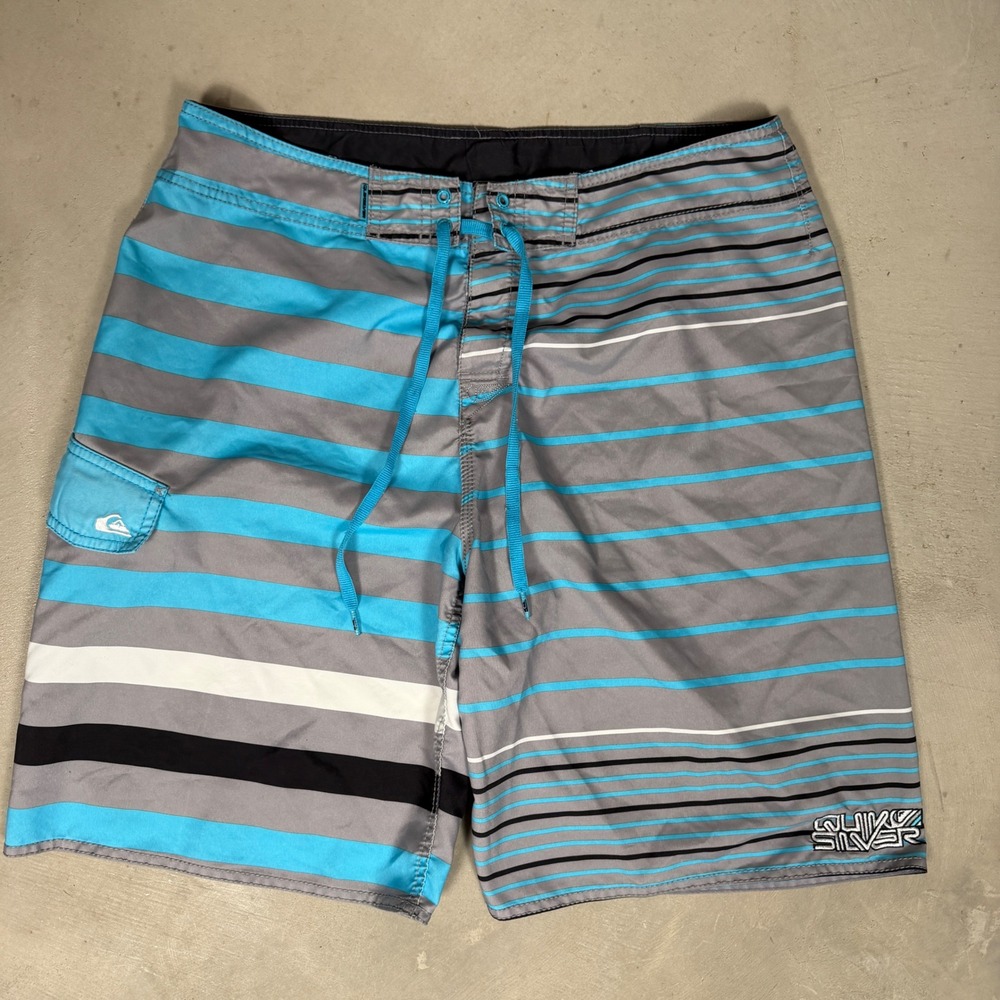 Quiksilver Mens Board Shorts Blue Grey Striped Swim Trunks Size 36 Q101868